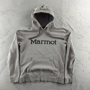 Marmot Hoodie Mens Medium Gray Pullover Sweatshirt Fleece Logo Kangaroo Pocket